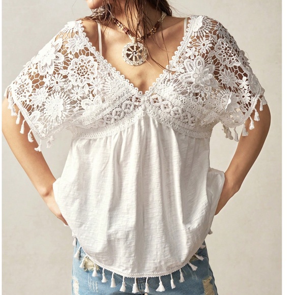 Boho White Cotton Floral Embroidered Tassel Detail Blouse - Picture 3 of 7
